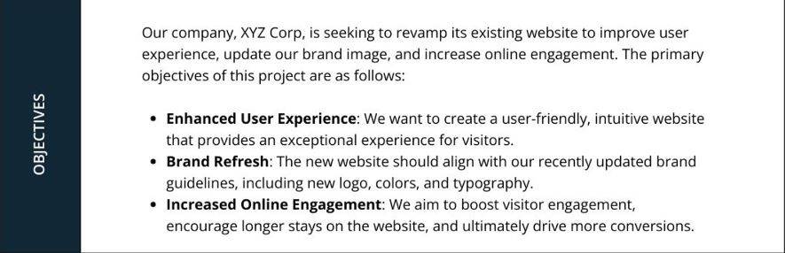 Objectives section in a Design Brief