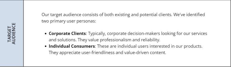 Target Audience section of a Design Brief