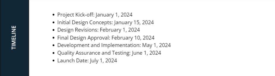 Timeline section of a Design Brief