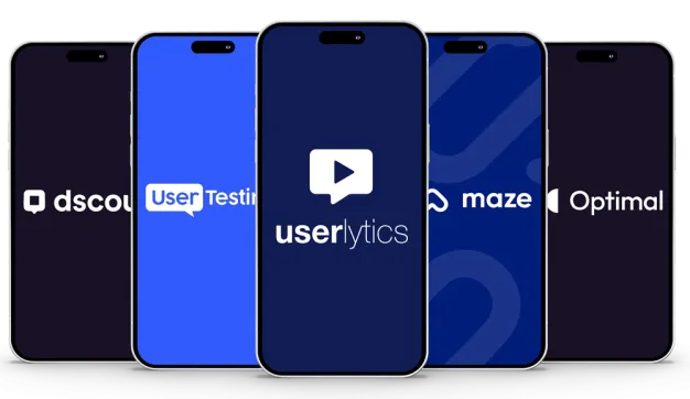 Logos of leading UX research platforms including dscout, UserTesting, Userlytics, Maze, and Optimal Workshop displayed on smartphone screens.”