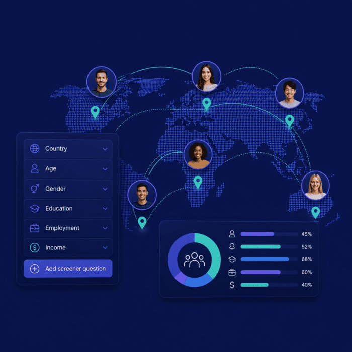 Illustration of a global user testing participant panel with demographic targeting filters, custom screener questions, worldwide audience reach, and diverse UX research participant analytics.