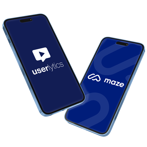 Two smartphones displayed side by side, one showing the Userlytics logo on a dark blue screen and the other showing the Maze logo on a Blue background.