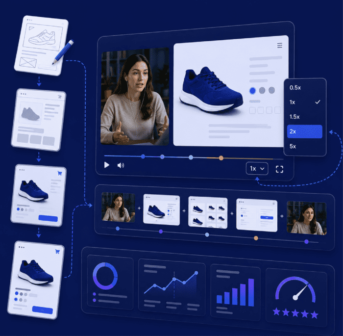 UX prototype testing dashboard with interface mockups, user interview screen, analytics charts, and Userlytics promotional text about seamless UX design testing.